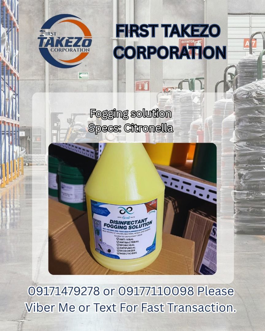 Fogging solution Specs: Citronella (Category: Everything Else Others) located in Manila. Submitted by joeyroque09 (Listing ID 1465455621, Image 1). Description: Fogging solution Specs: Citronella.