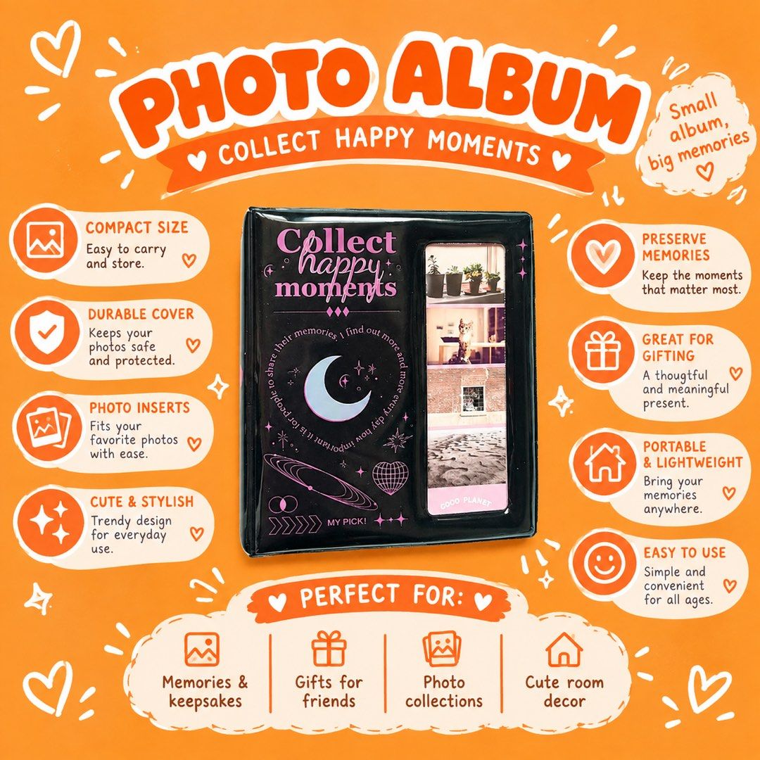 Four Grid Black Photo Album (Category: Frames & Pictures) located in Navotas City. Submitted by ohyeinz (Listing ID 1465530526, Image 1). Description: Cute and stylish mini photo album perfect for keeping your favorite memories, photobooth strips, polaroids, and small photos! 🖤✨ Compact and easy to carry, with a fun celestial-inspired design. Great for personal keepsakes or as a thoughtful gift for friends..