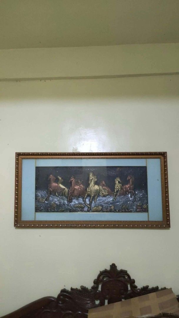 Framed 3D galloping horses wall art decor (Category: Wall Decor) located in Paranaque City. Submitted by yumme (Listing ID 1465474638, Image 1). Description: 8 Lucky Galloping Horses Wall Decor Frame, an embossed 3D relief wall hanging. - Statement piece: Large rectangular framed wall art - Design: 3D relief sculpture of running horses over textured waves - Finish: Elegant multi-toned gold and bronze metallic hues - Frame: Classic carved wooden f