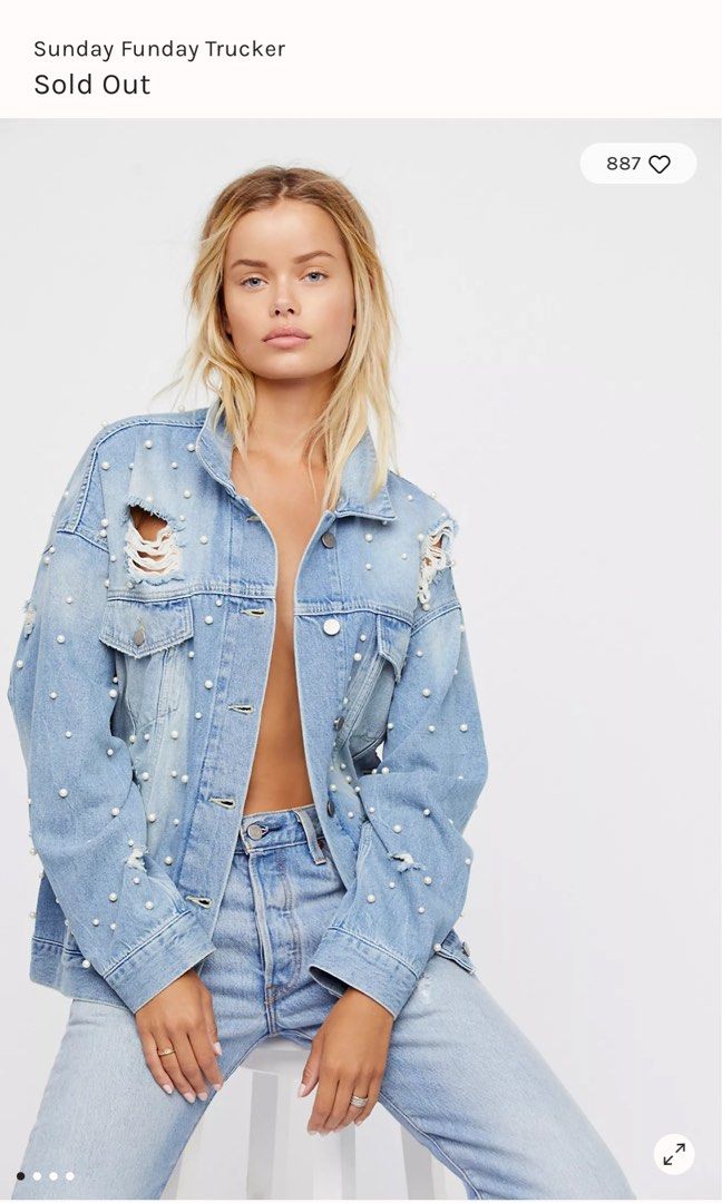 Free People Pearl Soft Denim Jacket (Category: Coats, Jackets and Outerwear) located in Quezon City. Submitted by dropdeadprices (Listing ID 1465502340, Image 1). Description: - Brand: Free People - Size: Large (Oversized boyfriend fit) - Color/Wash: Light blue - Details: All-over faux pearls, distressed shoulders and chest - Pockets: Button chest pockets and lower welt pockets - Condition: Brand new with original $128.00 tag attached.