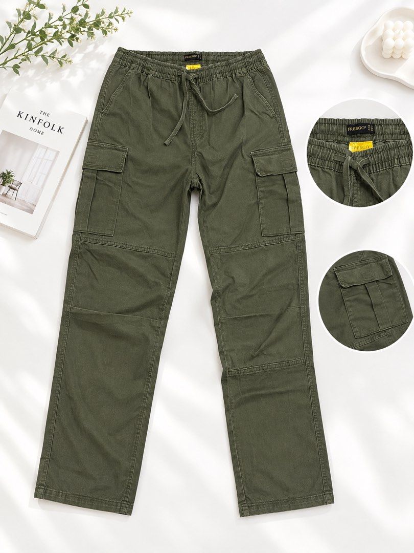 FREEGO Green Cargo Pants (Category: Jeans) located in Pasig City. Submitted by hicupqueen (Listing ID 1465514131, Image 1). Description: Brand: Freego Color: Green Size: L (42cm) Waistband: Elastic with adjustable drawstring Pockets: Multiple functional side and thigh pockets Fit: Relaxed fit through the legs Condition: Good everyday casual wear Pre-Loved Used 2-3x only Decluttering.. .