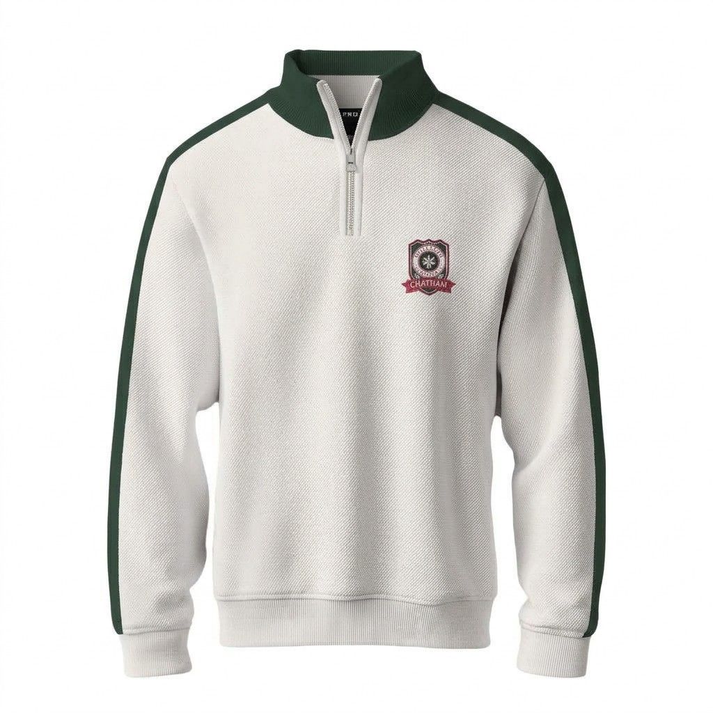 Friendly Rivalry MD Jacket (Category: K-Wave Merchandise) located in Aroroy. Submitted by douleur_y0u (Listing ID 1465403382, Image 1). Description: - Brand: Chatham - Style: Quarter-zip mock neck sweater - Color: White with dark green collar, shoulder stripes, and sleeve piping - Details: Textured knit fabric, silver zipper hardware, ribbed cuffs and hem, and small left-chest crest patch - Condition: Excellent / Pre-loved (ready to wear) - Mode 
