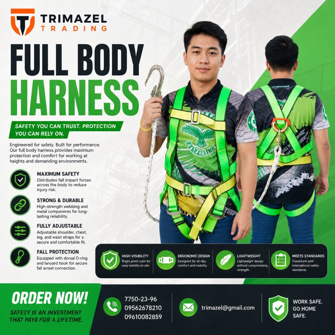 FULL BODY HARNESS (Category: Looking For) located in Pasay City. Submitted by logan20lee (Listing ID 1465399445, Image 1). Description: 🦺 FULL BODY HARNESS — SAFETY YOU CAN RELY ON! Stay protected when working at height with our Full Body Safety Harness, designed for use in construction, maintenance, industrial work, roofing, scaffolding, and other elevated work applications. ✅ Full-body design for workplace fall protection ✅ Adjustable for a se