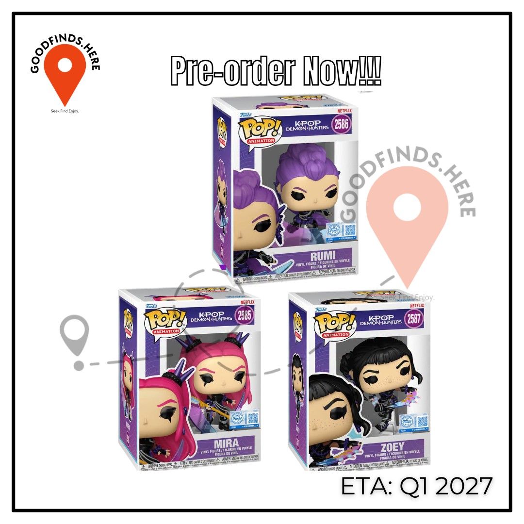 Funko: K-Pop Demon Hunters Preorder (Category: Action & Battle Toys) located in Pasig City. Submitted by goodfinds.here (Listing ID 1465469283, Image 1). Description: ❗Funko: K-Pop Demon Hunters Preorder❗ ▪️Rumi Walmart ▪️Mira Specialty Series ▪️Zoey Funko Shop ₱1,600 each / DP: 80 ETA: Q1 2027 (subject for DELAY or to change without prior notice) ❗For Pre-order ONLY, No extra available❗ DOWNPAYMENT is required to RESERVE SLOT/S once order is con