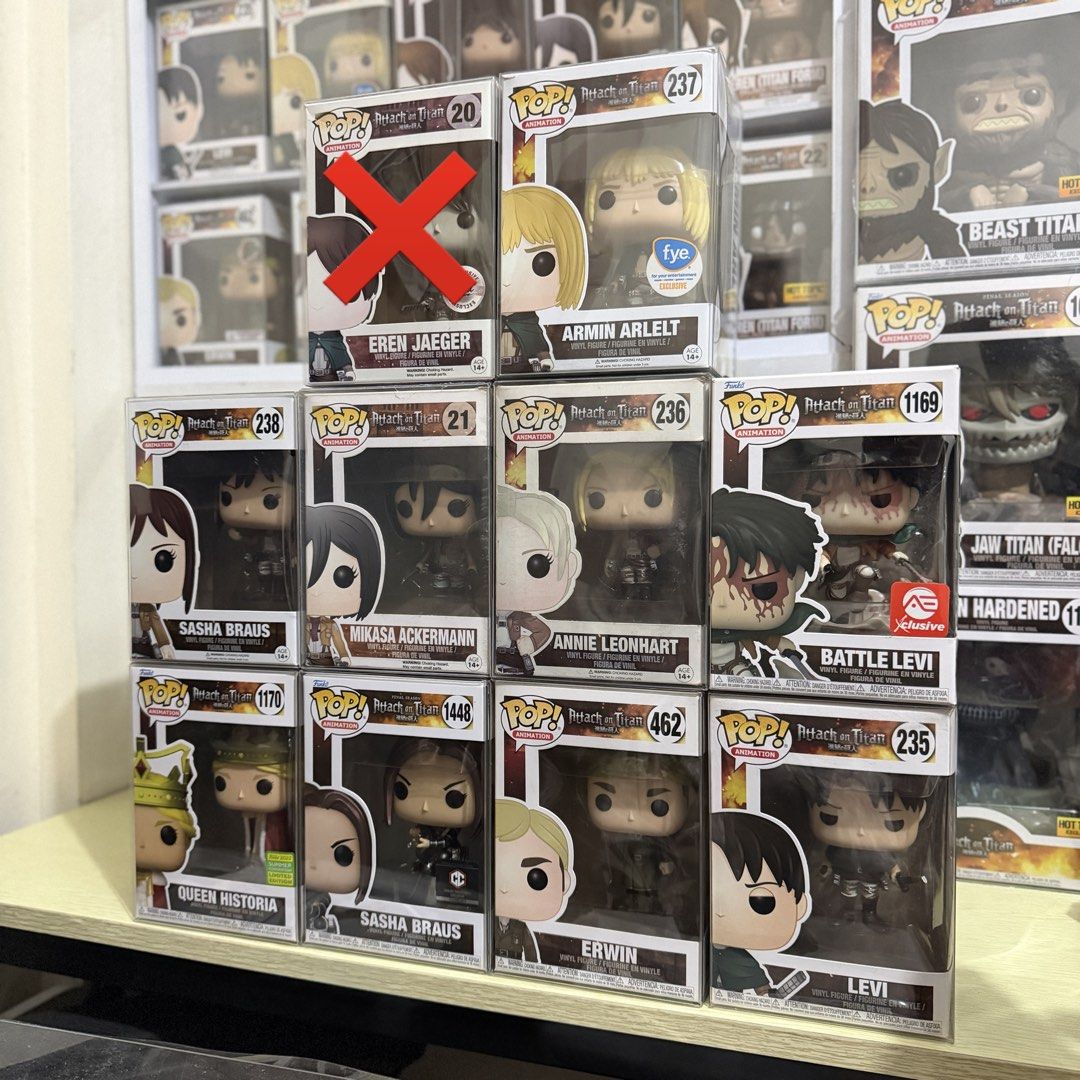 Funko Pop: Attack on Titan (AOT) - Eren, Armin Levi etc (Category: Designer & Blind Box Toys) located in Quezon City. Submitted by tokyobailey (Listing ID 1465482600, Image 2). Description: FS | FT to AOT / Across the Spiderverse Armored Titan (8.5/10) - 6000 Colossal Titan - 5750 Beast Titan - 5500 Eren Titan Form Hot Topic OG - 3250 War Hammer Titan FSE GITD - 1800 Female Titan OG - 1200 Eren Hardened Hot Topic - ❌ Armin Arlelt FYE - 5500 #238 