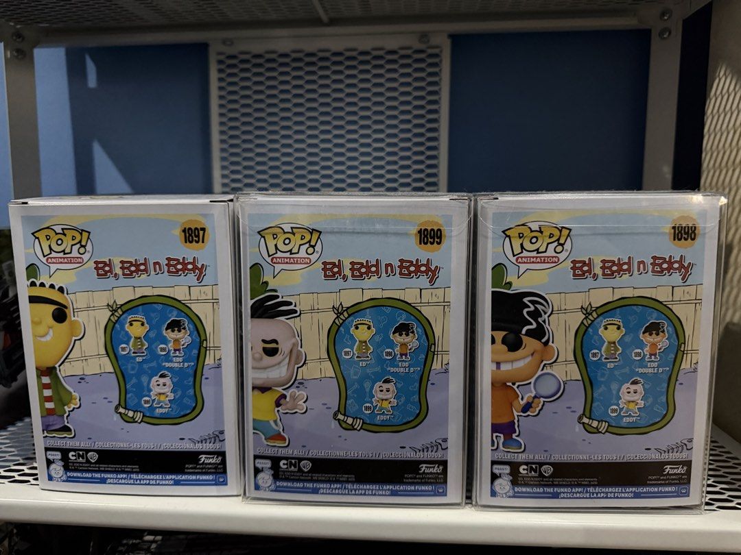 Funko Pop Ed Edd n Eddy Set (Category: Designer & Blind Box Toys) located in Taytay. Submitted by bonaventejill (Listing ID 1465542821, Image 2). Description: - Complete trio of Ed, Edd n Eddy Funko Pop vinyl figures - Includes numbers 1897 (Ed), 1898 (Edd Double D), and 1899 (Eddy) - All items come safely stored inside protective plastic cases except Ed - Clean boxes featuring clear, undamaged windows Take all for 3,000 Ed - 660 Edd - 1700 Eddy 