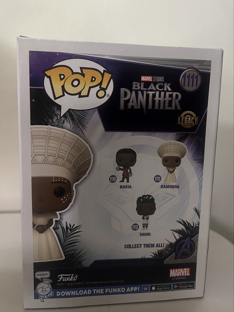 Funko Pop Marvel Studios: Black Panther - Ramonda #1111 (Category: Figurines & Statues) located in Quezon City. Submitted by xeraphinasy (Listing ID 1465405788, Image 3). Description: - Item: Funko Pop! Marvel Studios Black Panther - Ramonda #1111 - Collection: Legacy Collection with Special Edition sticker - Condition: Brand new, unopened, crisp box corners - Details: Features Ramonda in her iconic white dress and traditional headdress.