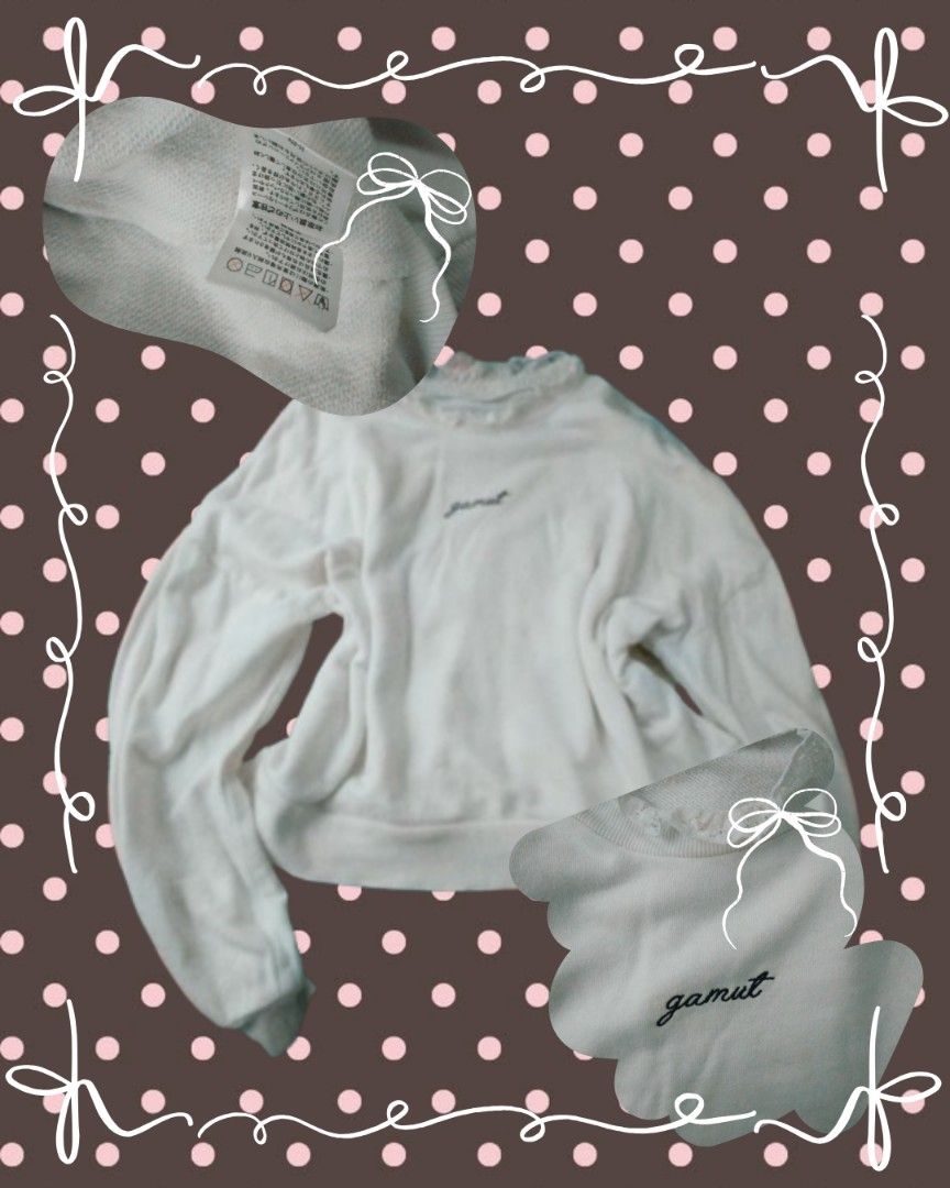 gamut white long sleeve sweatshirt top (Category: Longsleeves) located in Caloocan City. Submitted by clothesforchuu (Listing ID 1465534162, Image 1). Description: - Brand: Gamut - Color: White - Material: Soft fleece interior - Details: Small embroidered chest logo, delicate lace trim on collar - Fit: Relaxed fit with slightly puffed sleeves - Condition: Clean, ready to wear.