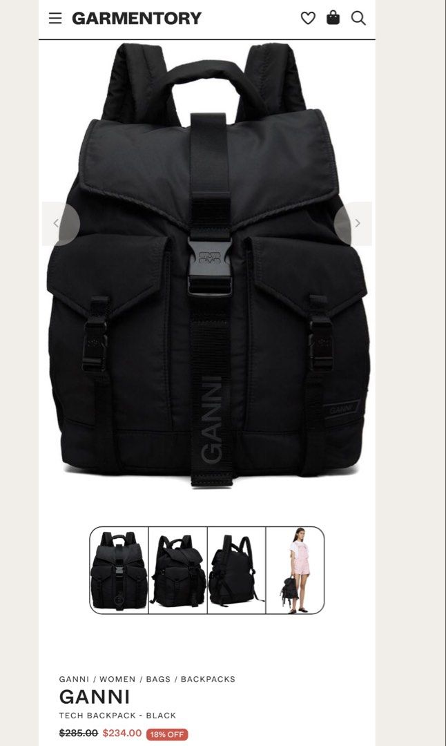 GANNI Recycled Tech Backpack (Category: Backpacks) located in Antipolo. Submitted by minimalistsells (Listing ID 1465540648, Image 2). Description: - Brand: GANNI - Color: Solid Black - Material: Durable nylon with utilitarian hardware - Design: Big center strap with bold branding, minimalist style - Storage: Front pockets with secure buckle closures, great everyday size - Comfort: Top handle and adjustable shoulder straps - Condition: Clean, exc