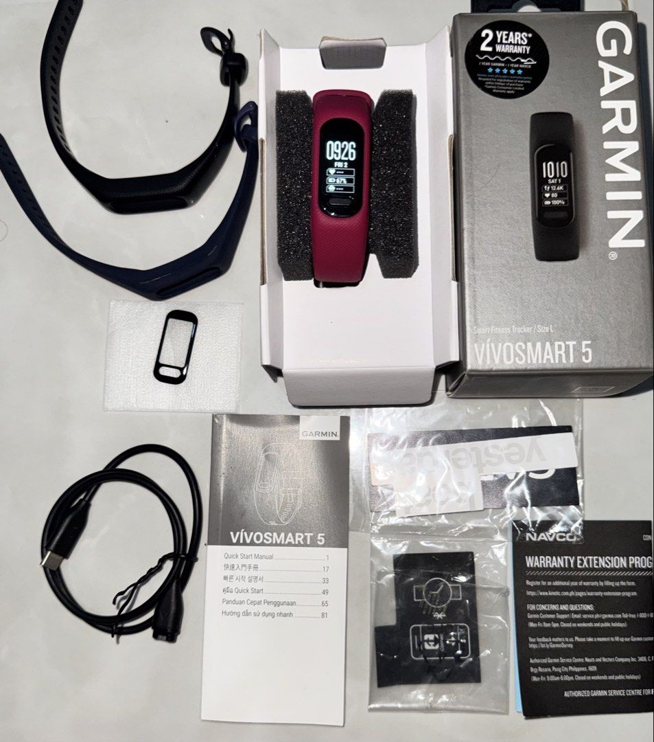 Garmin Vivosmart 5 (Category: Wearables & Smart Watches) located in Dasmarinas. Submitted by kim10101 (Listing ID 1465392294, Image 2). Description: FS - Garmin Vivosmart 5 (complete) Color: Black Inclusions: - Watch - Additional strap (black, blue and maroon) - Tempered glass - Box - Manual - Charger Cable Price: ₱5,500.00 Makinis may screen protector No issue, rarely used Bacoor/Dasmarinas Location.
