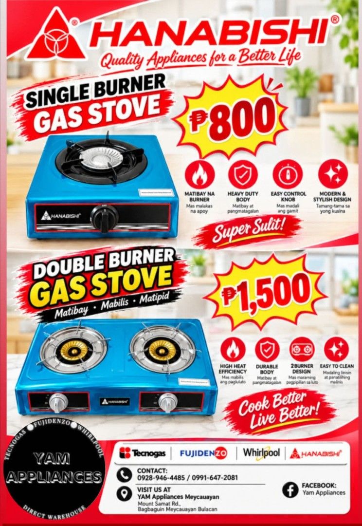 Gas Stove (Category: Cookers) located in Caloocan City. Submitted by yam_appliances (Listing ID 1465557868, Image 1). Description: Single burner 800 double burners 1,500 hanabishi brand brandnew mallpullout with warranty.