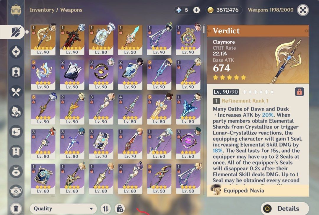 GENSHIN IMPACT AR59 ACCOUNT (Category: Game Gift Cards & Accounts) located in Manila. Submitted by sethamine (Listing ID 1465447231, Image 3). Description: GENSHIN IMPACT ACCOUNT FOR SALE 🐬 PRICE: ₱2,500 (NEGOTIABLE) ——— 💫 5 STAR CHARACTERS ✧ Navia — Lv. 90 ✧ Xilonen — Lv. 90 ✧ Venti — Lv. 90 ✧ Wriothesley — Lv. 90 ✧ Eula — Lv. 90 ✧ Lohen — Lv. 90 ✧ Furina — Lv. 90 ✧ Neuvillette — Lv. 90 ✧ Nilou — Lv. 90 ✧ Jean — Lv. 80 ✧ Qiqi — Lv. 70 ✧ Keqing