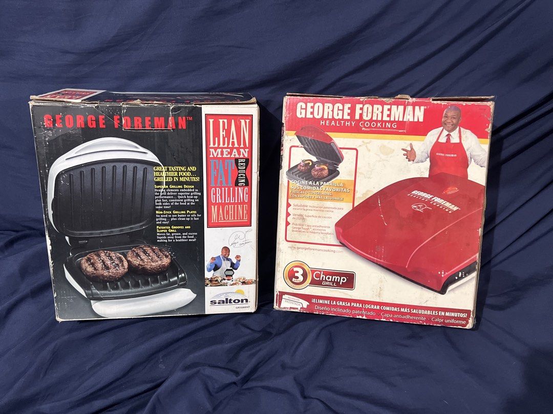 George Foreman Grilling Machine (Category: BBQ, Grills & Hotpots) located in Manila. Submitted by vandetoria (Listing ID 1465505808, Image 1). Description: - Bundle includes 2 George Foreman indoor grills - Models: White GR10AWHT (Salton) and Red Champ - Comes in original packaging boxes (with minor storage wear on edges) - Perfect for making low-fat burgers and quick, easy meals - Tested and working great for indoor cooking.