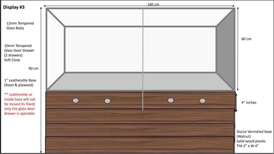 Showcase with Wooden Base (Category: Shelves, Cabinets & Racks) located in Quezon City. Submitted by mhynell.zano (Listing ID 1465399094, Image 2). Description: - Premium retail/shop display unit - Solid walnut wood base with ducco varnished finish - 12mm tempered glass body on top - 10mm tempered glass door drawers with soft-close mechanism - Fixed 1-inch leatherette base inside foam and plywood - Dimensions: 160 cm length x 90 cm total height (