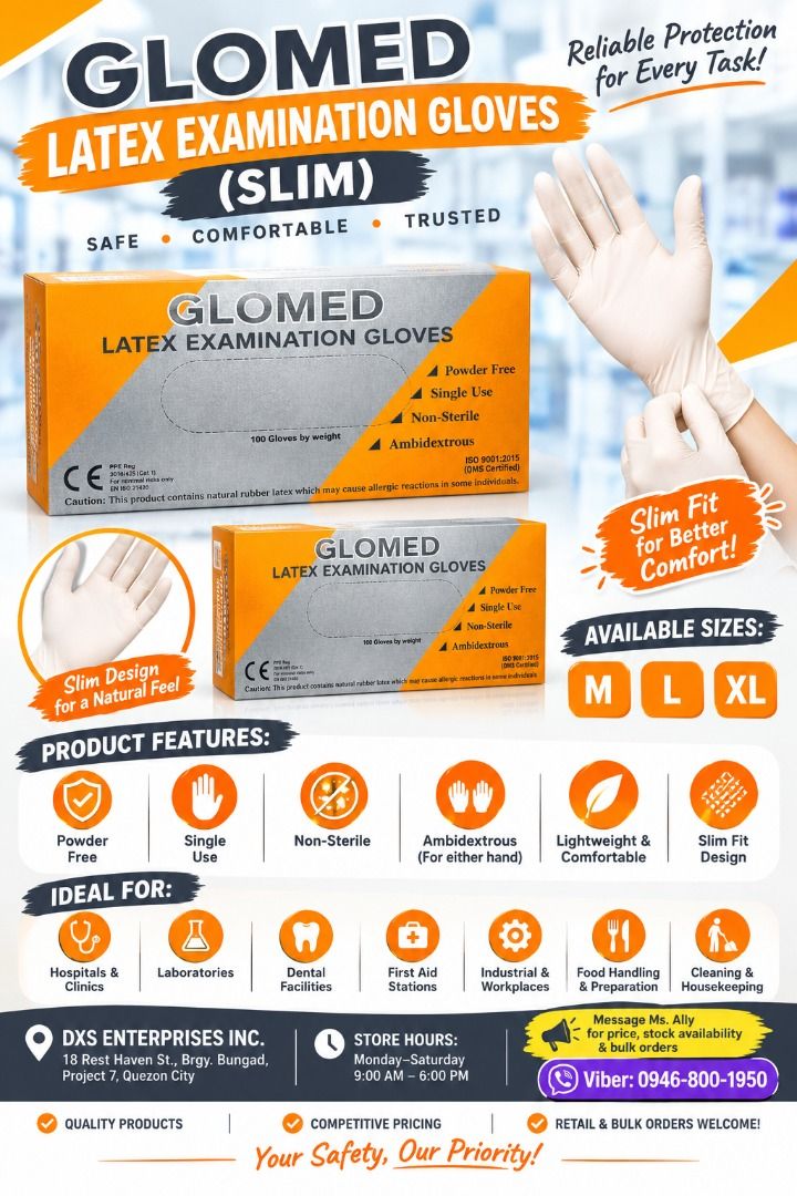 GLOMED LATEX SLIM GLOVES (Category: Medical Supplies & Tools) located in Quezon City. Submitted by zee_010200 (Listing ID 1465428829, Image 1). Description: - Product: Glomed Slim Latex Examination Gloves - Features: Powder-free, non-sterile, single-use, and ambidextrous - Fit: Lightweight, comfortable, and slim fit - Sizes Available: Medium (M), Large (L), and Extra Large (XL) - Best For: Hospitals, clinics, labs, dental use, food handling, indu