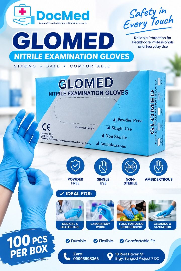 GLOMED NITRILE GLOVES 100 PCS PER BOX (Category: Medical Supplies & Tools) located in Quezon City. Submitted by staffmarke01383 (Listing ID 1465432553, Image 1). Description: .