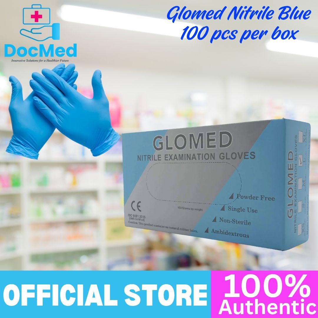 GLOMED SLIM BLUE NITRILE GLOVES (Category: Medical Supplies & Tools) located in Quezon City. Submitted by zee_010200 (Listing ID 1465432482, Image 1). Description: - 100 pieces per box - Color: Blue Nitrile - Powder-free and non-sterile - Ambidextrous design for easy wear - Single use only - Available sizes: XS, Small, Medium, Large.