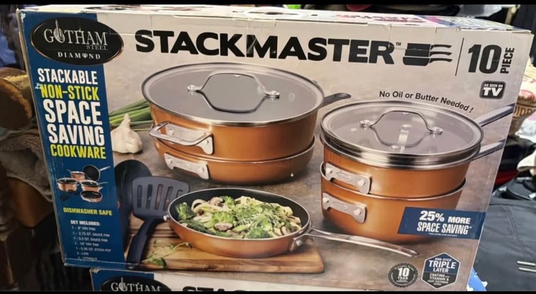 Gotham Steel Stackmaster 10-Piece Non-Stick Cookware Set (Category: Cookware & Accessories) located in Caloocan City. Submitted by cooldeer.d7e107 (Listing ID 1465557782, Image 2). Description: - Authentic Gotham Steel Stackmaster 10-piece cookware set - Space-saving stackable design to maximize kitchen cabinet space - Gorgeous copper finish with ultra-durable non-stick coating - Healthy cooking: no oil or butter needed - Set includes frying pans