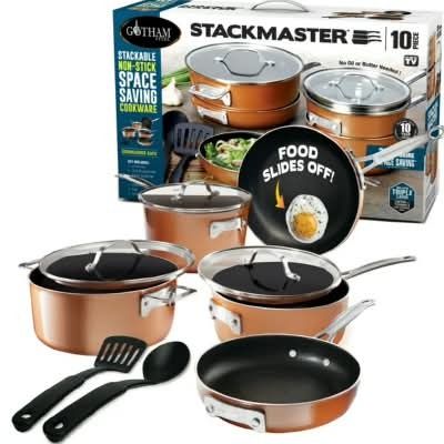 Gotham Steel Stackmaster 10-Piece Non-Stick Cookware Set (Category: Cookware & Accessories) located in Caloocan City. Submitted by cooldeer.d7e107 (Listing ID 1465557782, Image 1). Description: - Authentic Gotham Steel Stackmaster 10-piece cookware set - Space-saving stackable design to maximize kitchen cabinet space - Gorgeous copper finish with ultra-durable non-stick coating - Healthy cooking: no oil or butter needed - Set includes frying pans