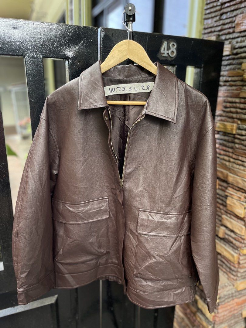 GU Faux leather oversized jacket (Category: Coats, Jackets and Outerwear) located in Baguio. Submitted by jomelcavit29012 (Listing ID 1465548397, Image 1). Description: GU Faux leather oversized jacket - Condition : 10/10 - Color way :Dark Brown - Size tag :2Xl - Dimension : 25.5 / 28 - Price : 3380 - Material: Rich brown leather with quilted interior lining - Closure: Full zip front with lapel collar - Pockets: Two roomy front patch pockets - Cu