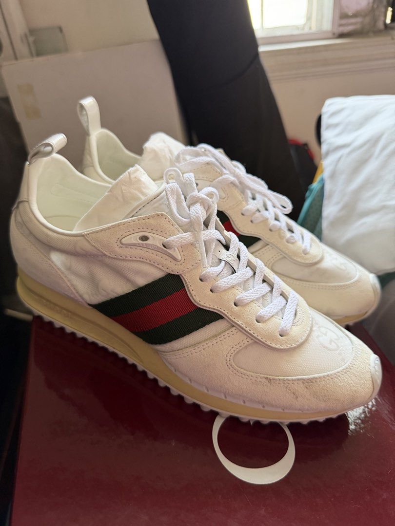 Gucci ReMotion (Category: Sneakers & Footwear) located in Las Pinas. Submitted by biatster (Listing ID 1465388930, Image 1). Description: Comes with its box and dust bags. Original, store bought in the US. A removable ankle strap brings unexpected intrigue to a retro sneaker crafted from a combination of monogram-branded canvas and velvety suede. Signature striped webbing and GG-pattern tread complete this iconic look. Lace-up style; removable an