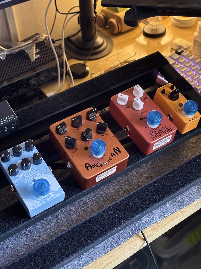 Guitar effect pedals (Category: Musical Instruments) located in Manila. Submitted by kirkyland (Listing ID 1465406566, Image 1). Description: Selling my guitar analog pedals. No issues sa lahat ng pedals at sa power supply. Included din yung mga cables nung sa power supply. Rfs: switching to multi effects. 🎛️ Joyo American sound ₱1k 🎛️ Joyo Crunch Distortion ₱1.3k 🎛️ Mooer Yellow Comp 1.2k 🎛️ Mvave mini universe ₱1k 🎛️ Mosky Power station ₱9