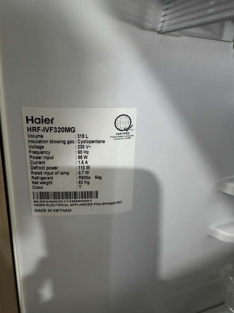 Haier Glass door Refrigerator (Category: Refrigerators and Freezers) located in Quezon City. Submitted by msdclosetshop (Listing ID 1465572873, Image 2). Description: Haier Refrigerators HRF-IVF320MG Price : 20,000.00 Innovative 3 space in 2-Door Refrigerator Twin Inverter Technology 360º - Magic Cooling 360º Series: Top Mount Door: 2 Door Cooling: Automatic Defrost Operation: Automatic Freon: R600 Door Material: Mirror Glass Total Net Capacity (