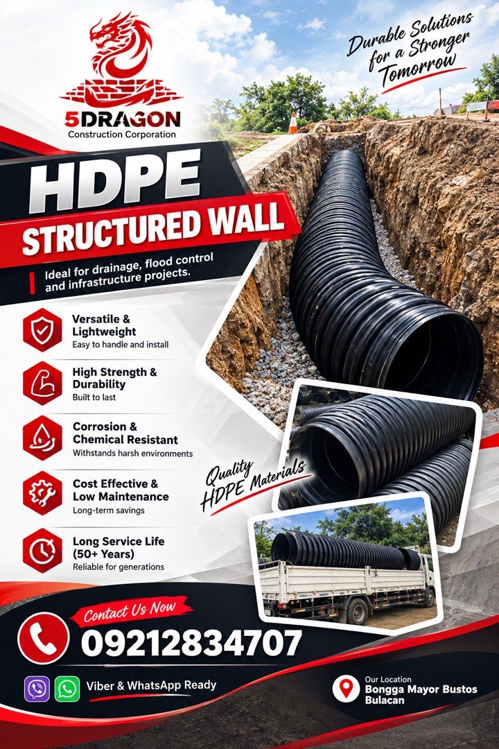 HDPE Pipes (Category: Construction & Building Materials) located in Manila. Submitted by kitbizshop2026 (Listing ID 1465442883, Image 1). Description: 🚧 HDPE Dual Wall Pipes Available! 🚧 Looking for a durable and cost-effective solution for drainage, sewer, culvert, and stormwater projects? ✅ High Strength HDPE Dual Wall Pipes✅ Lightweight & Easy Installation✅ Corrosion & Chemical Resistant✅ Long Service Life✅ Smooth Inner Wall for Better Flow 