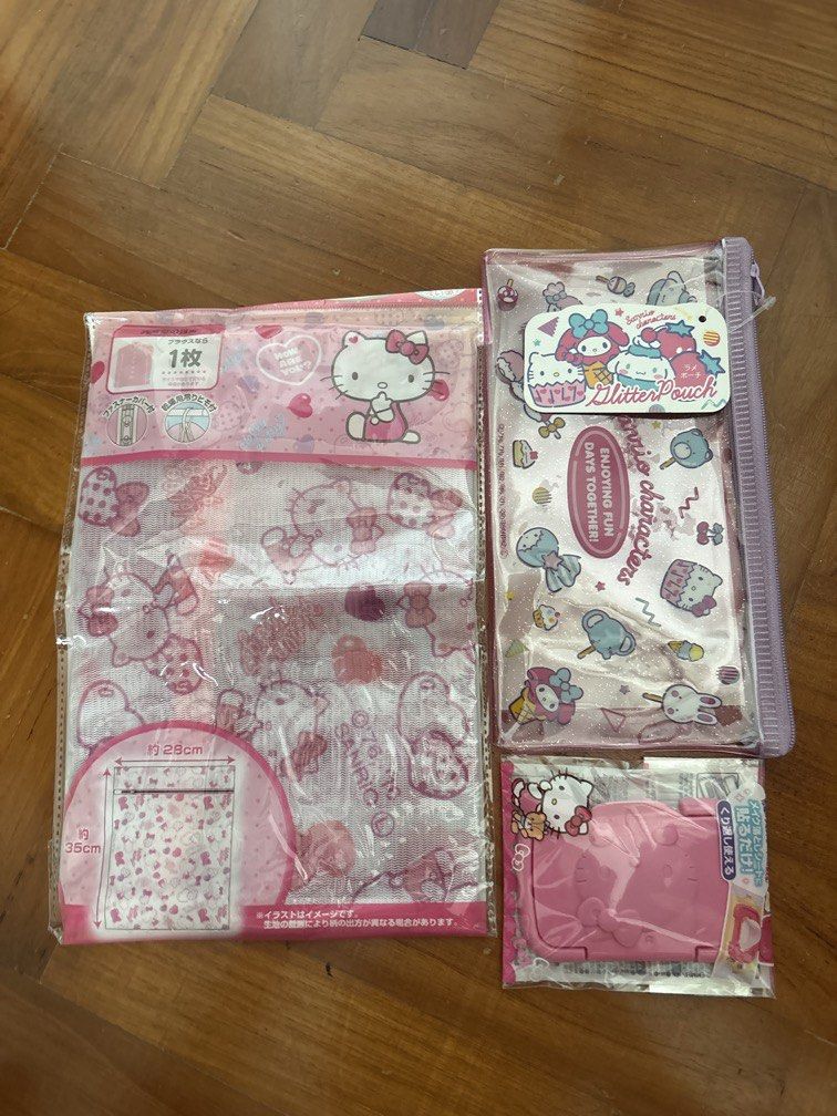 Hello Kitty stuff (Bundle) (Category: Character Goods) located in Singapore. Submitted by miffy88.cloud (Listing ID 1465393072, Image 1). Description: Bundle include 1 pencil pouch 1 Wipe lid 1 Laundry Net Square .