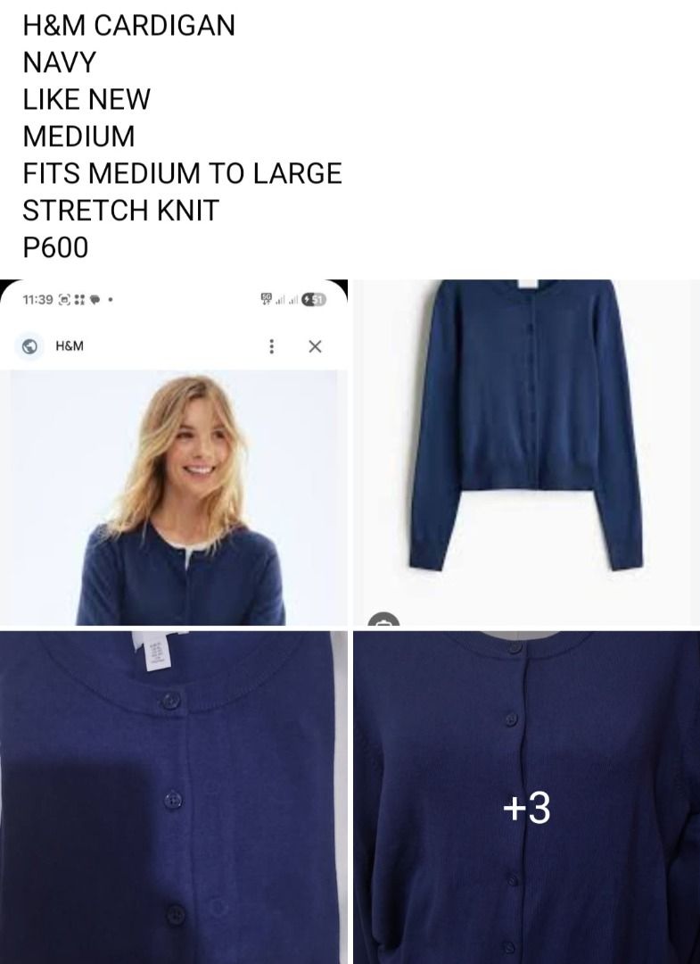 H&M Navy Stretch Knit Cardigan Medium (Category: Coats, Jackets and Outerwear) located in Manila. Submitted by katkween23 (Listing ID 1465423874, Image 1). Description: - Brand: H&M - Color: Navy Blue - Size: Medium (fits Medium to Large comfortably) - Material: Stretch knit - Features: Front button closure, classic crew neck, solid color - Style: Versatile and easy to match with casual outfits.