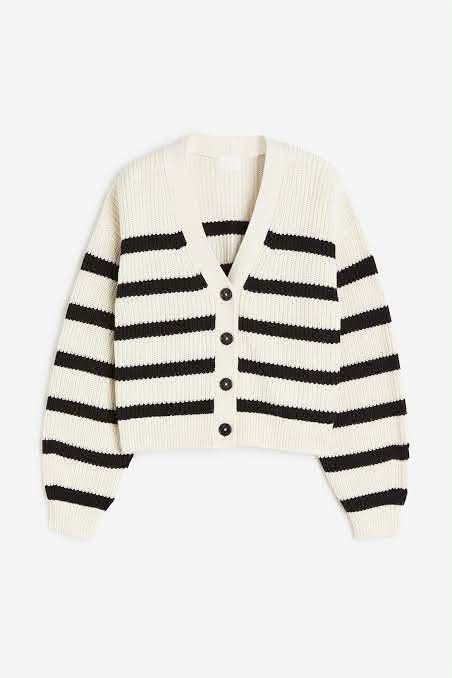H&M Striped V-Neck Knit Cardigan (Category: Coats, Jackets and Outerwear) located in Mabalacat. Submitted by cjpacleb (Listing ID 1465577549, Image 1). Description: H&M Stripe Cardigan Knitted Large on tag Width 21 Length 22 Excellent condition Pampanga pwede po VC for proof of Legitimacy Via J&T.