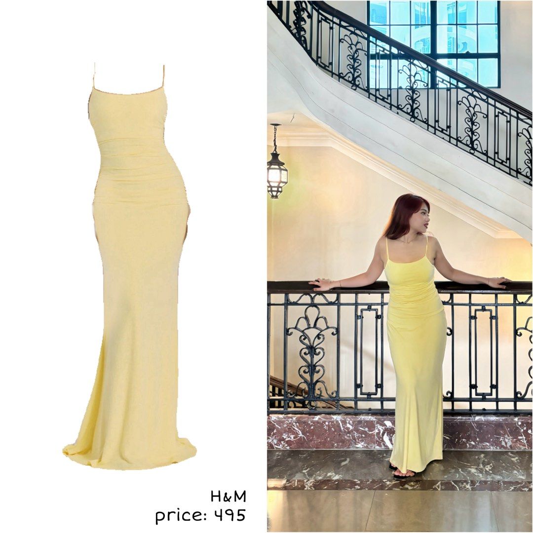 H&M yellow maxi dress (Category: Dresses) located in Quezon City. Submitted by eira_arie (Listing ID 1465400692, Image 1). Description: - Brand: H&M - Color: Bright pastel yellow - Style: Long dress with spaghetti straps, fitted ruched bodice, and slight flare at the hem - Fit: Body-hugging material - Condition: Worn once for photos, excellent clean state.
