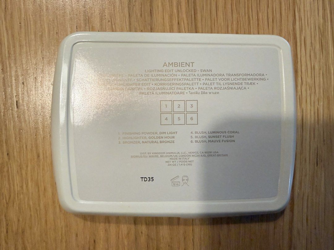 Hourglass Ambient Lighting Edit Unlocked Swan (Category: Makeup) located in Subic. Submitted by shentonistaaa (Listing ID 1465485117, Image 3). Description: - Brand: Hourglass - Edition: Ambient Lighting Edit Unlocked (Swan) - Packaging: White and floral tin case with mirror - Pans: 6 pans (1.4g each), Made in Italy - Shades included: Dim Light (finishing powder), Golden Hour (highlighter), Natural Bronze (bronzer), Luminous Coral, Sunset Flush, 