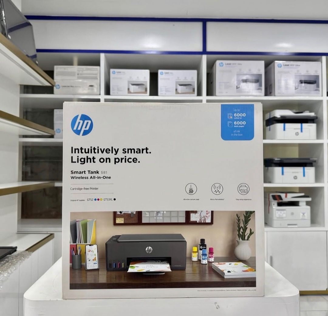 HP Smart Tank 581 Wireless All-in-One Printer (Category: Printers, Scanners & Copiers) located in Lubao. Submitted by silentturtle_5f8fa7 (Listing ID 1465559981, Image 1). Description: - Model: HP Smart Tank 581 Wireless All-in-One Printer - Color: Dark Grey - Functions: Print, copy, and scan - Inclusions: Complete with original box and 4 genuine ink bottles (Black, Cyan, Yellow, Magenta) - Condition: Brand new in box - Ideal for: Cost-effective 