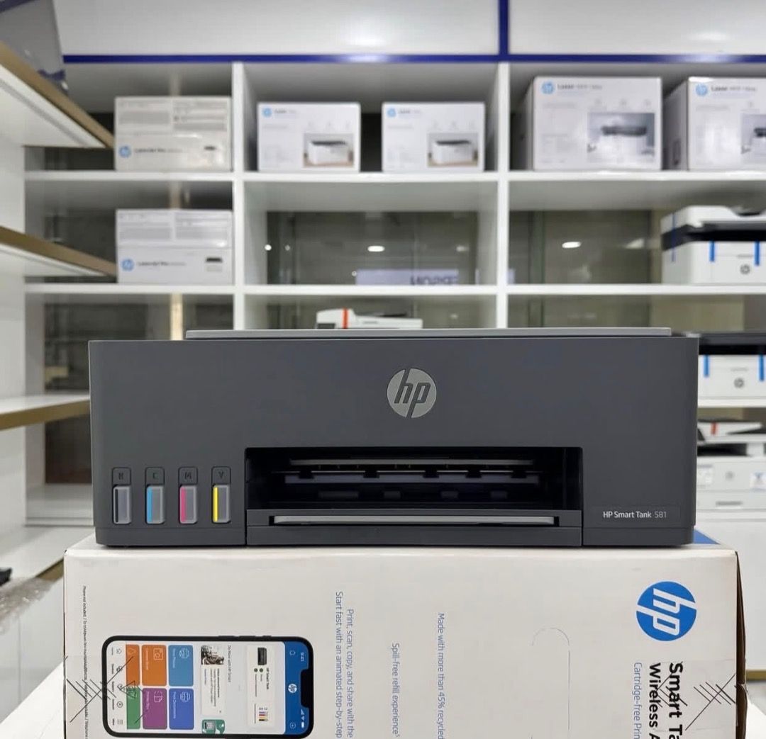 HP Smart Tank 581 Wireless All-in-One Printer (Category: Printers, Scanners & Copiers) located in Lubao. Submitted by silentturtle_5f8fa7 (Listing ID 1465559981, Image 2). Description: - Model: HP Smart Tank 581 Wireless All-in-One Printer - Color: Dark Grey - Functions: Print, copy, and scan - Inclusions: Complete with original box and 4 genuine ink bottles (Black, Cyan, Yellow, Magenta) - Condition: Brand new in box - Ideal for: Cost-effective 