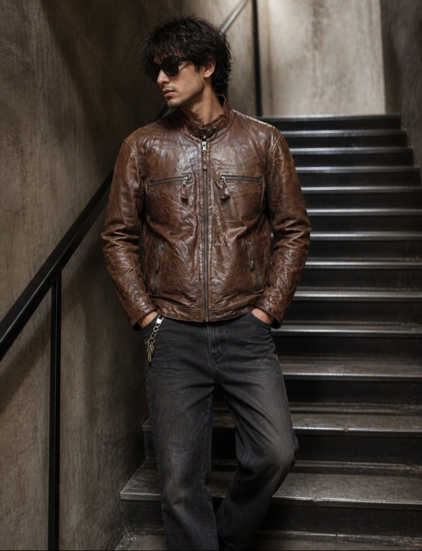 INFINITY DISTRESSED BROWN CAFE RACER LEATHER JACKET FOR MEN'S (Category: Coats, Jackets and Outerwear) located in Baguio. Submitted by vertex_nga.pow (Listing ID 1465573894, Image 1). Description: INFINITY DISTRESSED BROWN CAFE RACER LEATHER JACKET FOR MEN'S MEDUIM LARGE DIMENSION 27L BY 22 ARMPIT TO ARMPIT 18.5 INCHES SHOULDER TO SHOULDER 25 INCHES SLEEVE SHEEPSKIN/SCHAF LEATHER GOOD CONDITION BAGUIO LOCATION PLUS SF SA MALAYU JNT COURIER PASS C