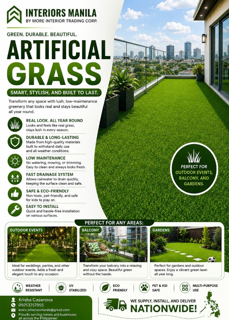 Interiors Manila Artificial Grass Carpet Turf (Category: Artificial Plants & Flowers) located in Caloocan City. Submitted by fastcrystal_973476 (Listing ID 1465449416, Image 1). Description: "Turn every space into a relaxing green paradise. Make your home Cozy and Aesthetic with our Artificial Grass Turf.” • Always green, no excuses. • The grass is greener on this side. • Zero water. Zero mowing. 100% green. • Low maintenance, high vibes. • Insta