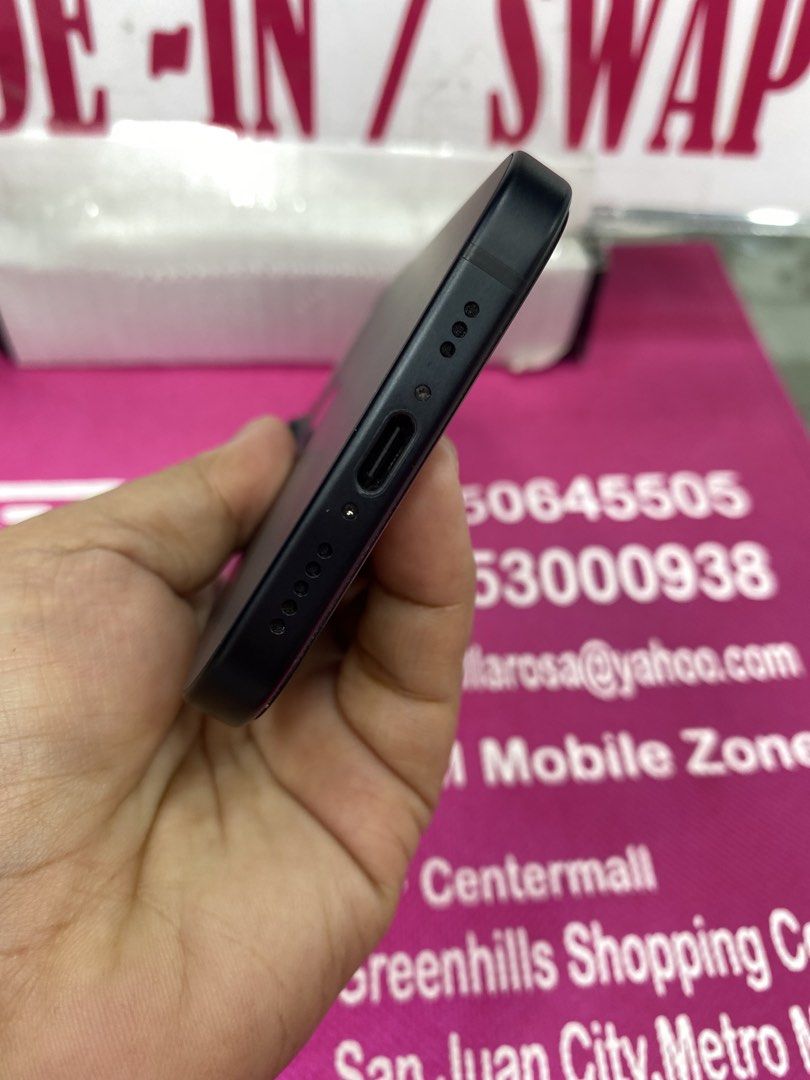 Iphone 15 (Category: iPhone 15 Series) located in San Juan City. Submitted by amyjoysementilla.10 (Listing ID 1465424229, Image 2). Description: iPhone 15 128gb Slighty used Openline(anysim) 97% Battery Health 93 cycle count NTC approved Warranty until May 2027 Unli check Unli reset No apple ID No hidden issue No history of repair with Charger & clear case Cash on delivery with our Personal Rider around Metro Manila with SAME DAY DELIVERY. Please