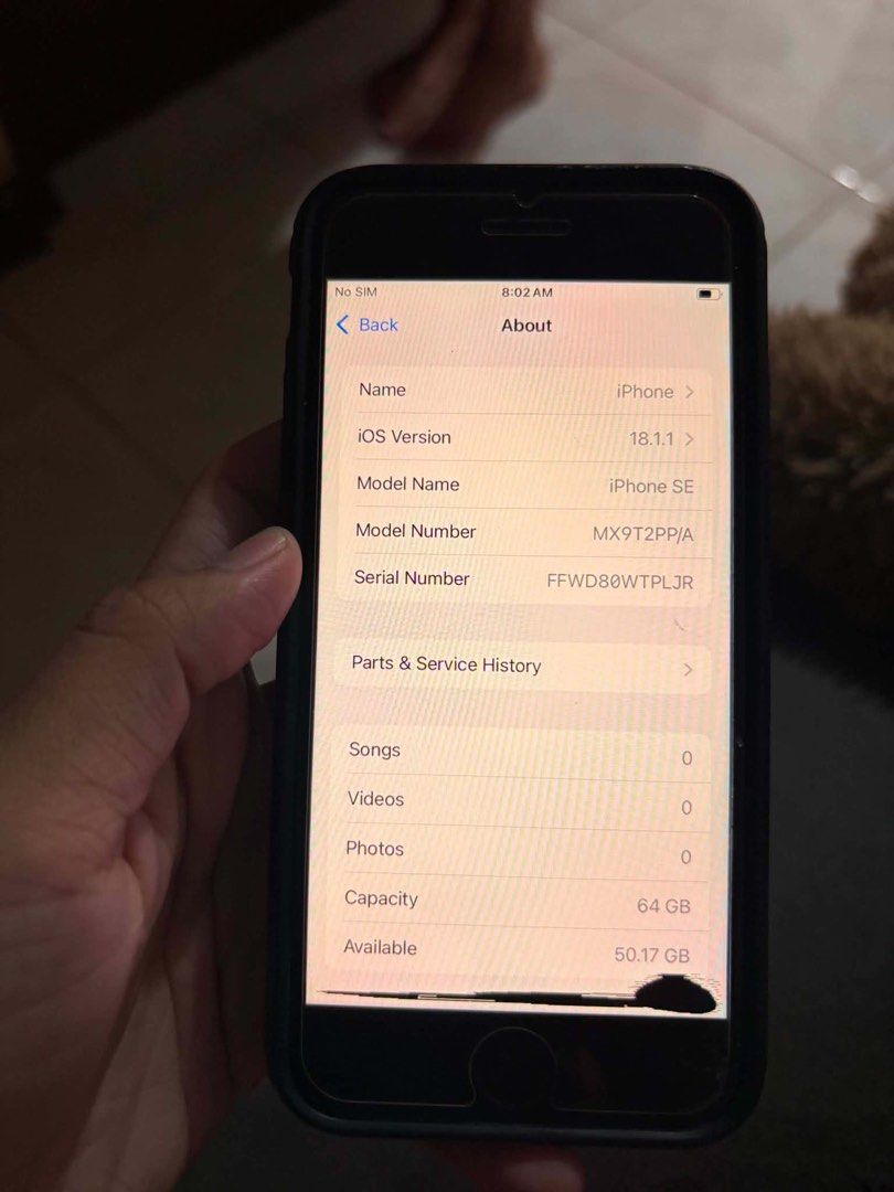 iPhone SE 2nd Gen (Category: iPhone SE Series) located in Pasig City. Submitted by jandennn (Listing ID 1465501514, Image 2). Description: iphone SE 2nd Gen • 64GB Storage • iOS 18.1.1 • Working Touch ID & Home Button Issue: • LCD/screen has a black spot at the bottom • battery has been replaced.