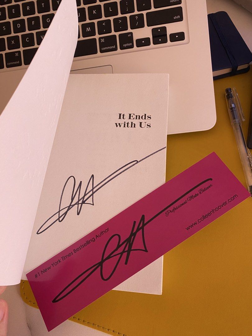 It Ends With Us Colleen Hoover Signed Book + Bookmark (Category: Storybooks) located in Tabaco. Submitted by luckymoon17 (Listing ID 1465432015, Image 2). Description: - Title & Author: It Ends With Us by Colleen Hoover - Edition: Paperback with gorgeous pink floral cover art - Special Feature: Hand-signed by the author on the title page (Bought directly from colleenhoover website) - Freebie: Includes a matching pink bookmark with the author's si