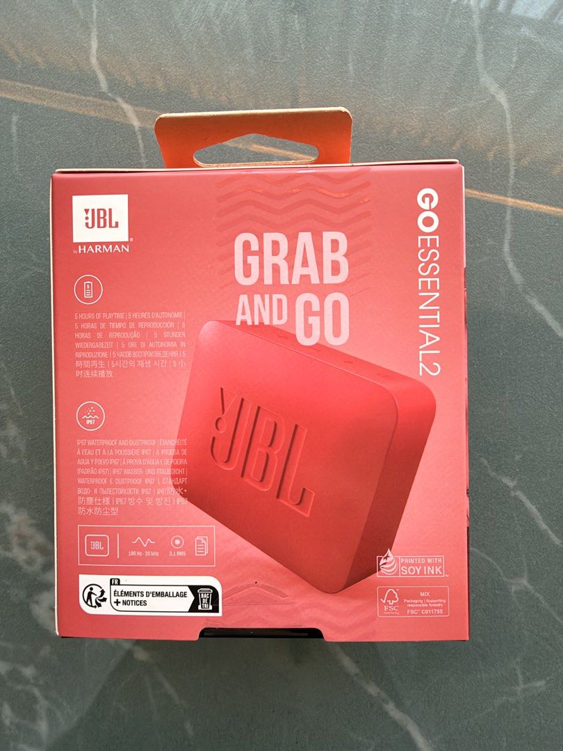 JBL Go Essential 2 Bluetooth Speaker (Category: Soundbars, Speakers & Amplifiers) located in Taguig. Submitted by jbadz19 (Listing ID 1465464363, Image 2). Description: - Model: JBL Go Essential 2 Portable Bluetooth Speaker - Color: Vibrant Red - Design: Compact grab-and-go build, brand new in original box - Durability: IP67 waterproof and dustproof - Battery: Up to 5 hours of playtime per charge - Charging: Modern USB-C port.