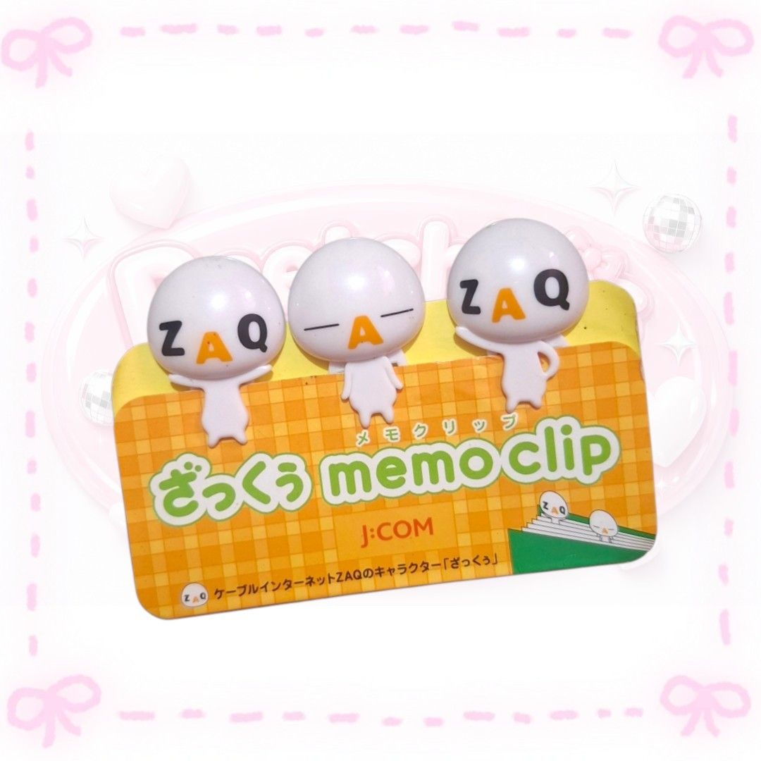 J:COM ZAQ Character Memo Clip Set (Category: Character Goods) located in Sorsogon. Submitted by mitchelle0425 (Listing ID 1465533801, Image 1). Description: - Authentic ZAQ memo clips from Japan - Set of 3 cute white mascot characters with black and orange lettering - Comes on a vibrant orange and yellow checkered backing card - Functional and fun addition to any desk or office space - Great for holding notes, memos, or photos - Perfect gift for 