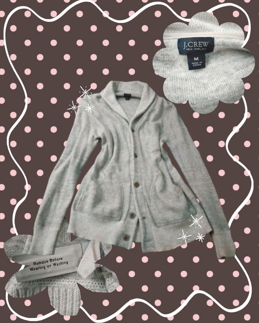 j.crew Light Grey Cardigan (Category: Coats, Jackets and Outerwear) located in Caloocan City. Submitted by clothesforchuu (Listing ID 1465534006, Image 1). Description: - Brand: J.Crew - Color: Light grey - Size: Medium - Style: Shawl collar with front button closure - Features: Two front patch pockets, ribbed cuffs and hem - Material: Classic knit fabric, ideal for layering in cooler weather.