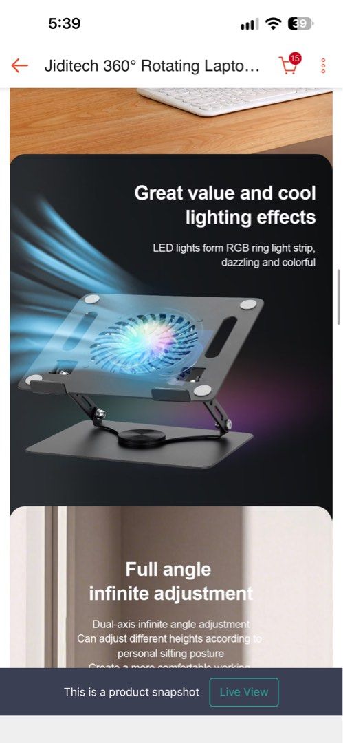With box Jiditech 360° Rotating Laptop Stand with Cooling Fan (Category: Laptops & Notebooks) located in Taguig. Submitted by mommae_preloved (Listing ID 1465459962, Image 1). Description: - Brand/Model: Jiditech rotating laptop stand - Color: Grey - Cooling: Built-in cooling fan with attached USB cable to prevent overheating during long work or gaming sessions - Adjustability: Dual-axis adjustable height and angle for ergonomic viewing - Rotatio