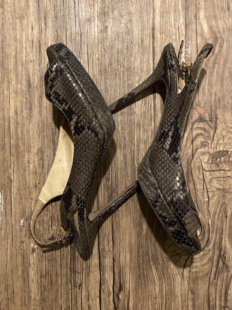 jimmy choo snakeskin leather heels (Category: Heels) located in Manila. Submitted by honeyxangel (Listing ID 1465506689, Image 2). Description: ♡ authentic jimmy choo heels ♡ snakeskin leather ♡ peep-toe design w/ slingback strap ♡ shows signs of wear, but no damage ♡ feel free to msg for addtl pics !.