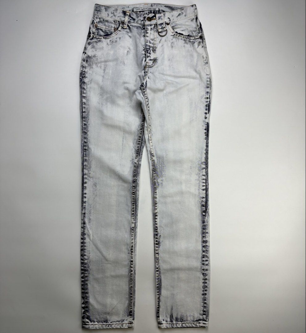 John Lawrence Sullivan Bleached Denim Pants (Category: Jeans) located in Cavite. Submitted by sc_rcity (Listing ID 1465564808, Image 1). Description: Tagged Size : Small Authentic Like New Made in Japan Zipper : Ykk No Inclusion Features a signature heavily bleached and marble-effect distressed wash, giving it a contrasting white and gray acid-washed appearance. Measurements: in inches ( approx. ) Waist 13 Length 40.5 Front rise 11 Inseam 30 Leg 
