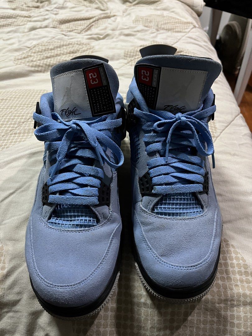 Jordan 4 UNC (Category: Sneakers) located in Quezon City. Submitted by renzt433 (Listing ID 1465543463, Image 3). Description: - Brand/Model: Jordan 4 UNC - Colorway: University Blue / Cement Grey - Size: US 12 (EU 45 / UK 11) - Material: Premium suede upper with signature speckled midsole and mesh netting - Meetup Locations: Quezon Memorial Circle or SM City Fairview.