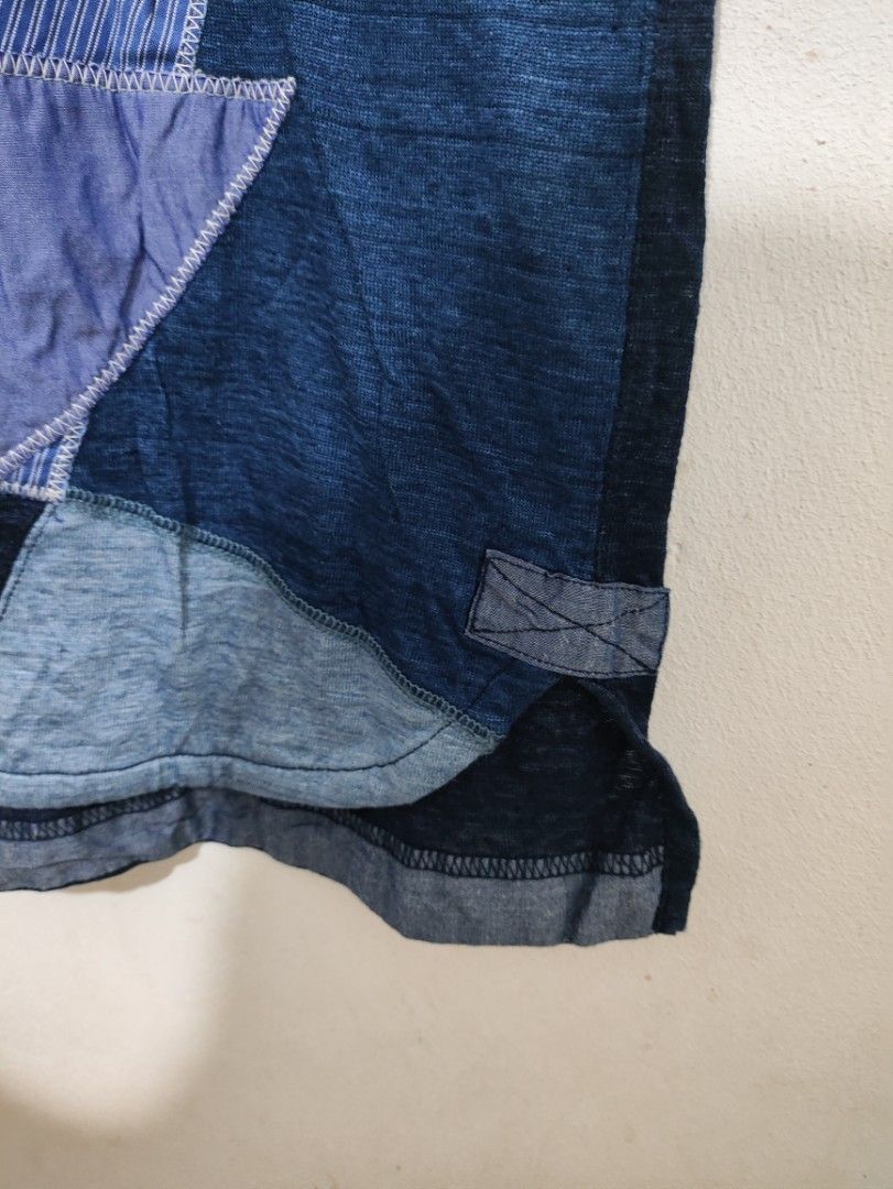 Junya Watanabe Comme des Garçons MAN Patchwork Tee (Category: Shirts) located in Puerto Princesa. Submitted by johnareis162386 (Listing ID 1465416252, Image 3). Description: - Brand: Junya Watanabe Comme des Garçons MAN - Color: Dark blue - Size: Small - Material: Cotton and linen blend - Origin: Made in Japan - Details: Abstract fabric collage front panel with mixed patterns, stripes, and burlap textures, raw hem detailing, and side slits fits m