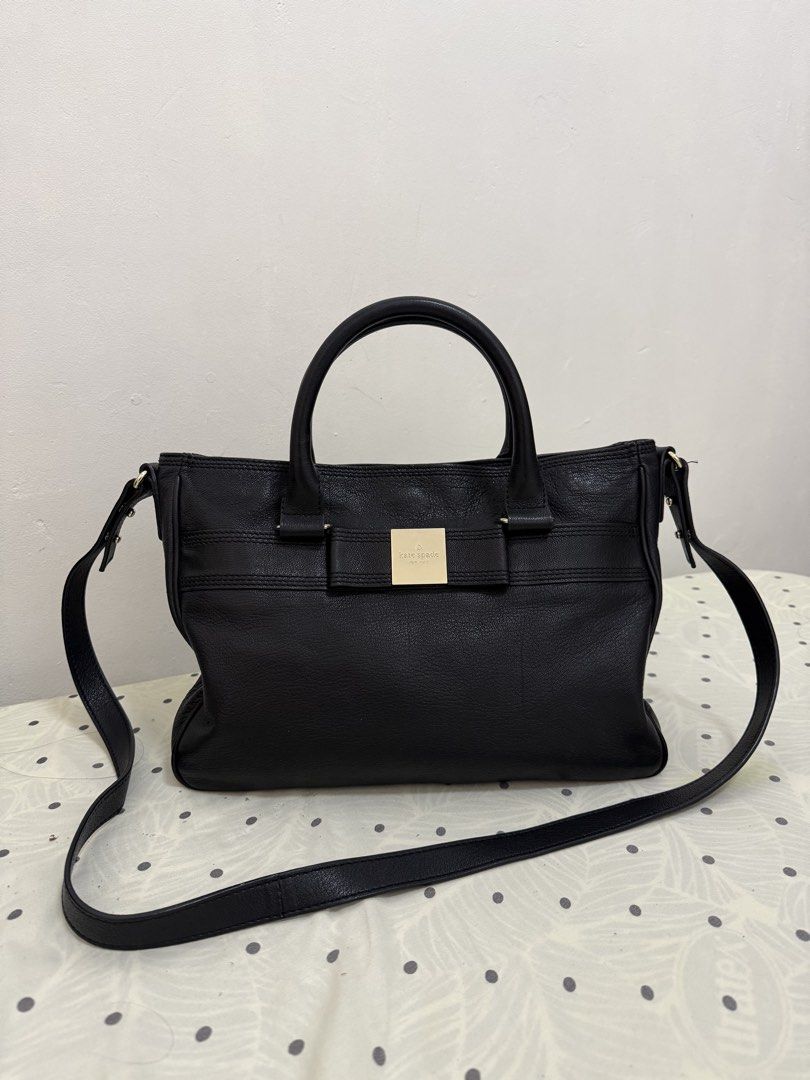 Kate Spade Black Leather Bag with Polka dot Lining (Category: Tote Bags) located in Guagua. Submitted by hampii (Listing ID 1460310267, Image 1). Description: NO ISSUE NO BAKBAK, - Genuine black leather Kate Spade tote bag - Fun polka dot interior lining - Interior zippered pocket - Includes a detachable shoulder strap for versatility - Spacious for all your daily essentials, Ideal for everyday use..