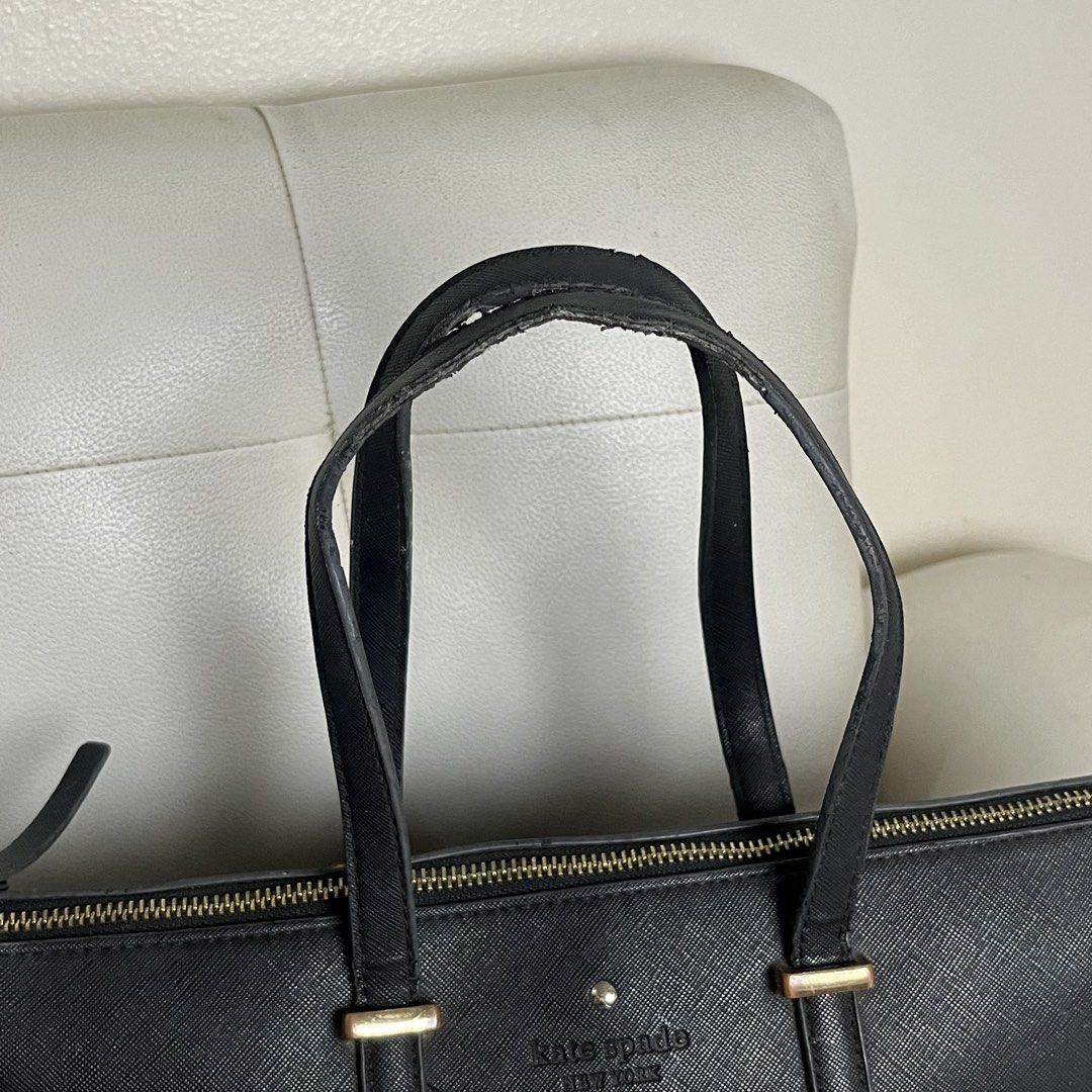 FREE SF |Kate Spade NY Black Saffiano Leather (Category: Shoulder Bags) located in Manila. Submitted by ave.archives (Listing ID 1465444544, Image 3). Description: Auth. Kate Spade NY Black Saffiano Leather. Small-Medium sized compartment. Can be used both for school & casual work / events. Condition & Issues: Flaws on handles only. Interior and exterior (body) are both well-kept and maintained. Zippers & linings complete and intact. All details 